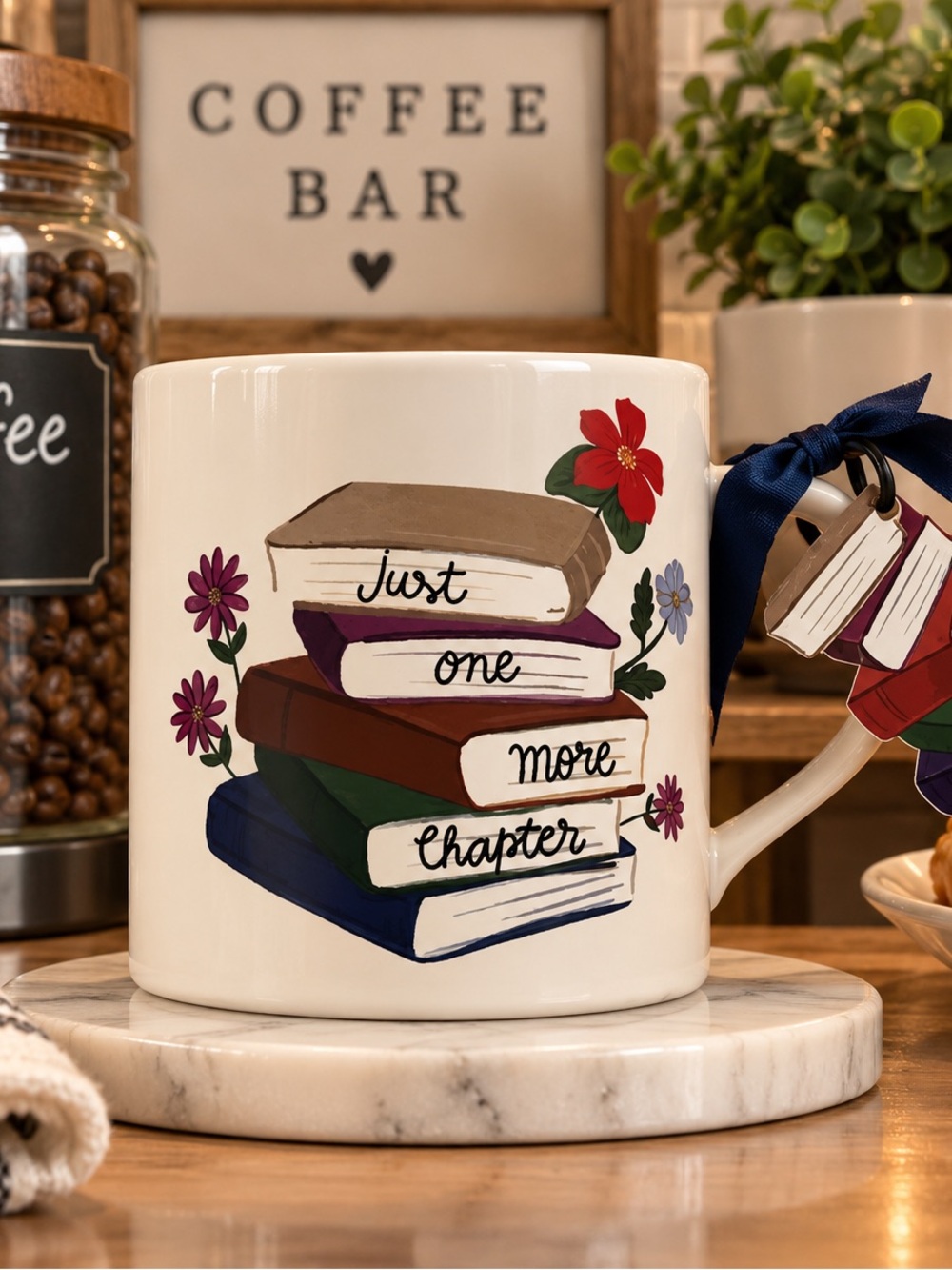 Just One More Chapter Ceramic Mug - White with Multicolor Book Illustration